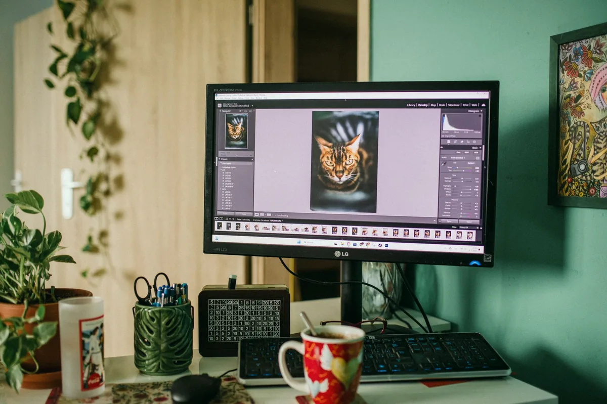 Bilgisayarda fotoğraf düzenleme programı açık bir çalışma masası