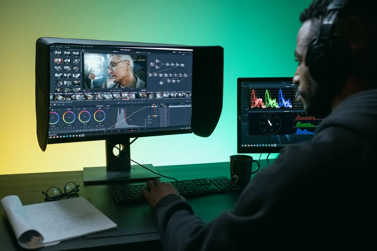 Kulaklık takmış, iki ekranlı masada çalışan video editörü