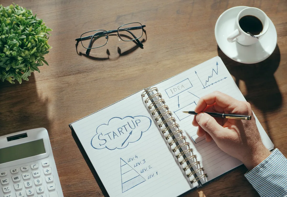 Kahve fincanının yanında iş planı yazılan defter
