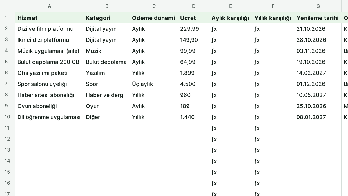 Abonelik Takip Şablonu: Aylık ve Yıllık Üyelik Giderlerinizi Görün önizlemesi