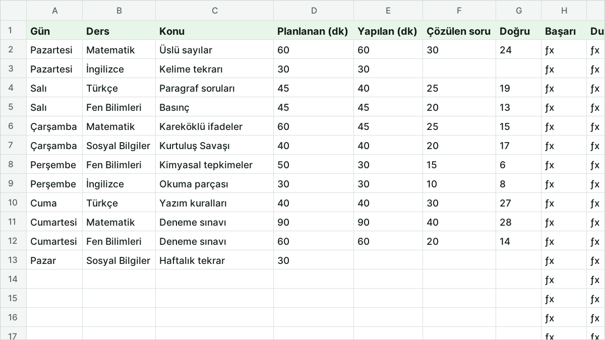 Haftalık Ders Çalışma Planı: Süre ve Soru Takibini Excel'de Yapın önizlemesi