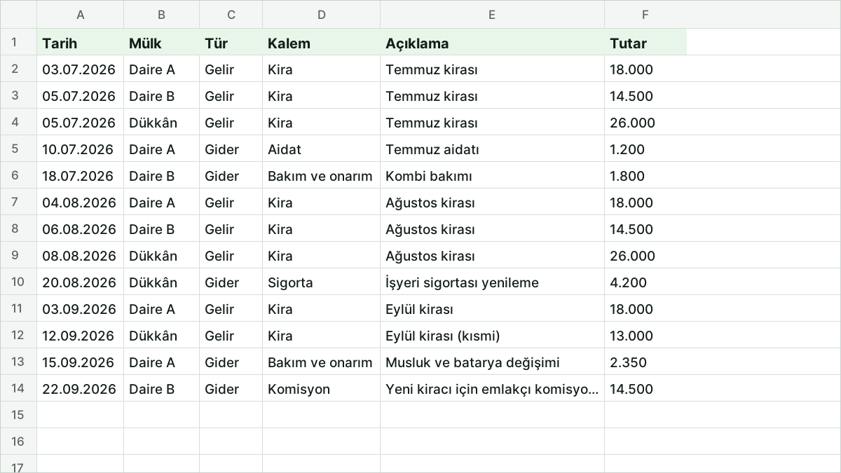 Kira Gelir Gider Takibi: Kiralık Mülklerinizi Excel'de Yönetin önizlemesi