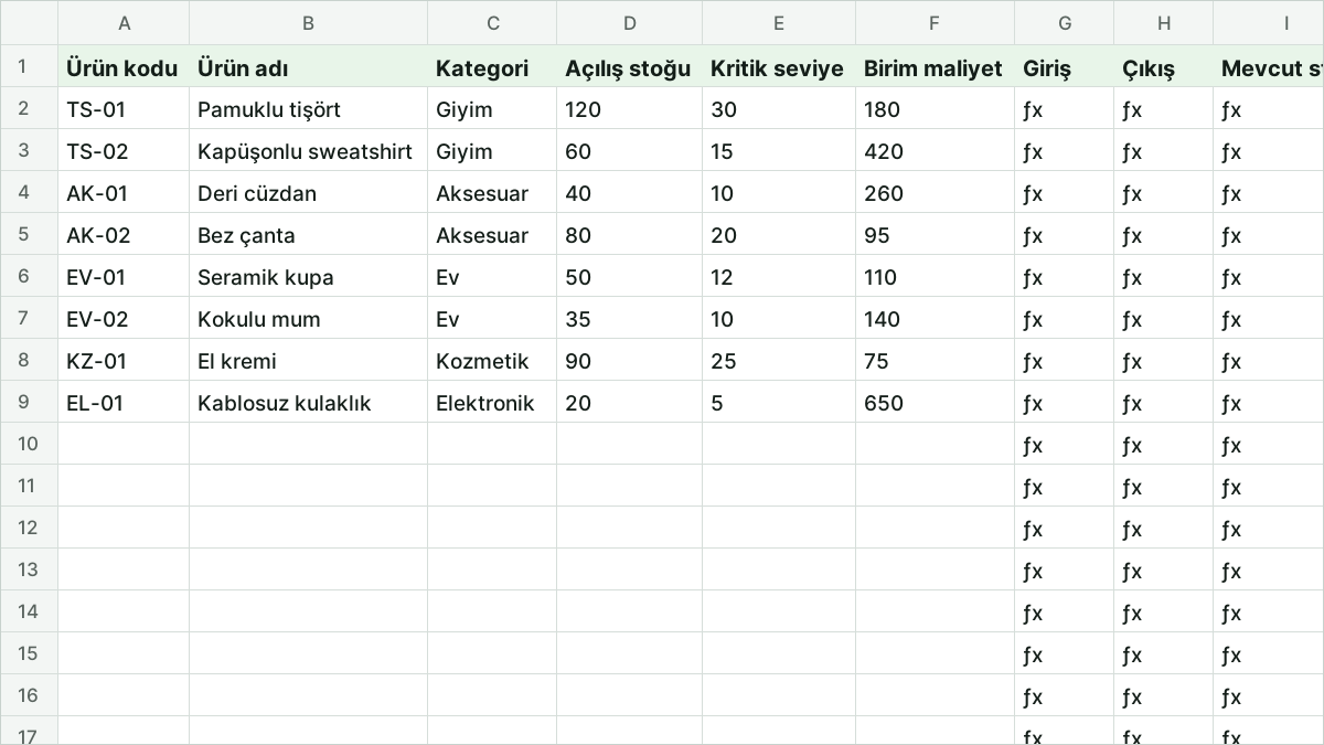 Stok Takip Şablonu: Giriş, Satış ve Kritik Stoğu Excel'de İzleyin önizlemesi